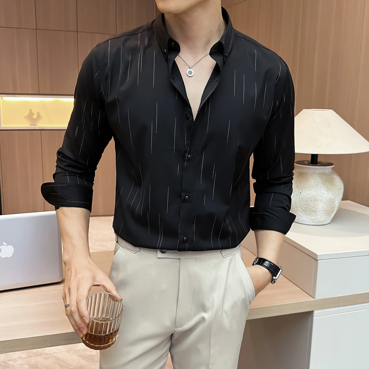 Men Social Shirts Autumn Winter Long Sleeve Casual Slim Fit Striped Blouse Formal XJ892