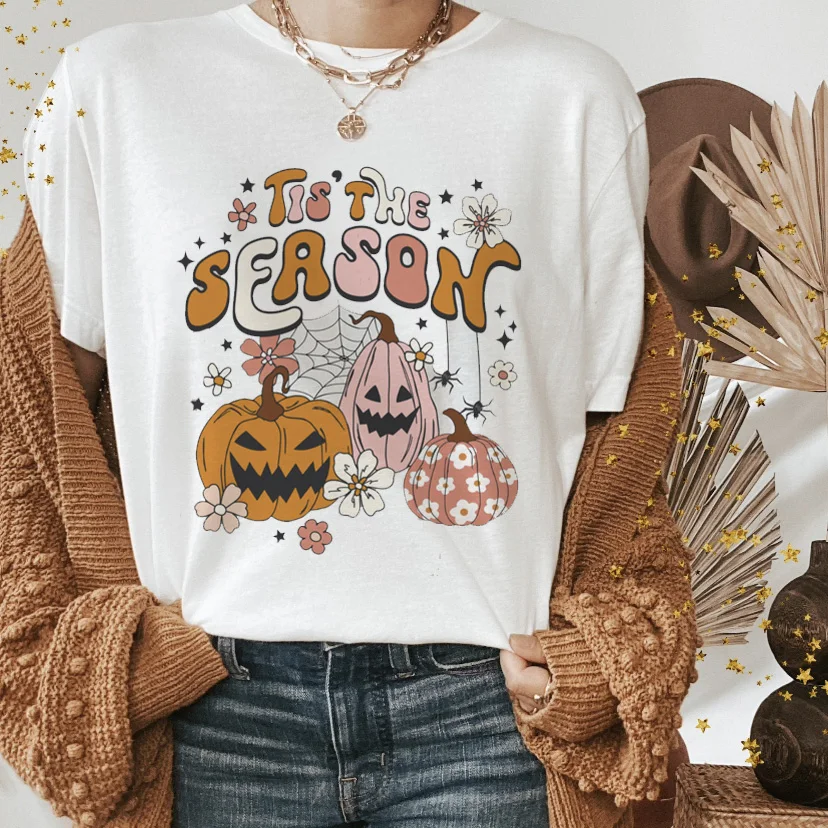 Women\'s Summer Printed T-shirt Trend 90s Short Sleeved Clothing Fashion Halloween Round Neck T-shirt Top Fun Pumpkin Pattern T-s