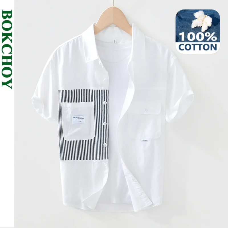 Spring Summer100% Cotton Patchwork Striped Short Sleeve Shirts Men Clothing Thin Comfortable Loose Streetwear BL2062
