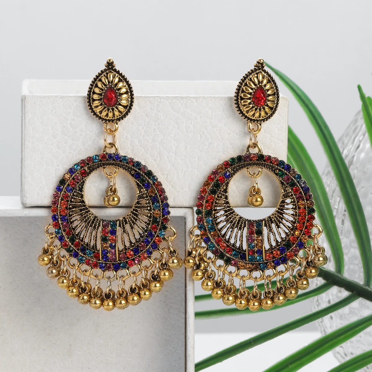 New Pendientes Indian Bollywood Jewelry Jhumka Vintage Blue Crystal Geometric Pendant Earrings Bohemia Brincos Feminino