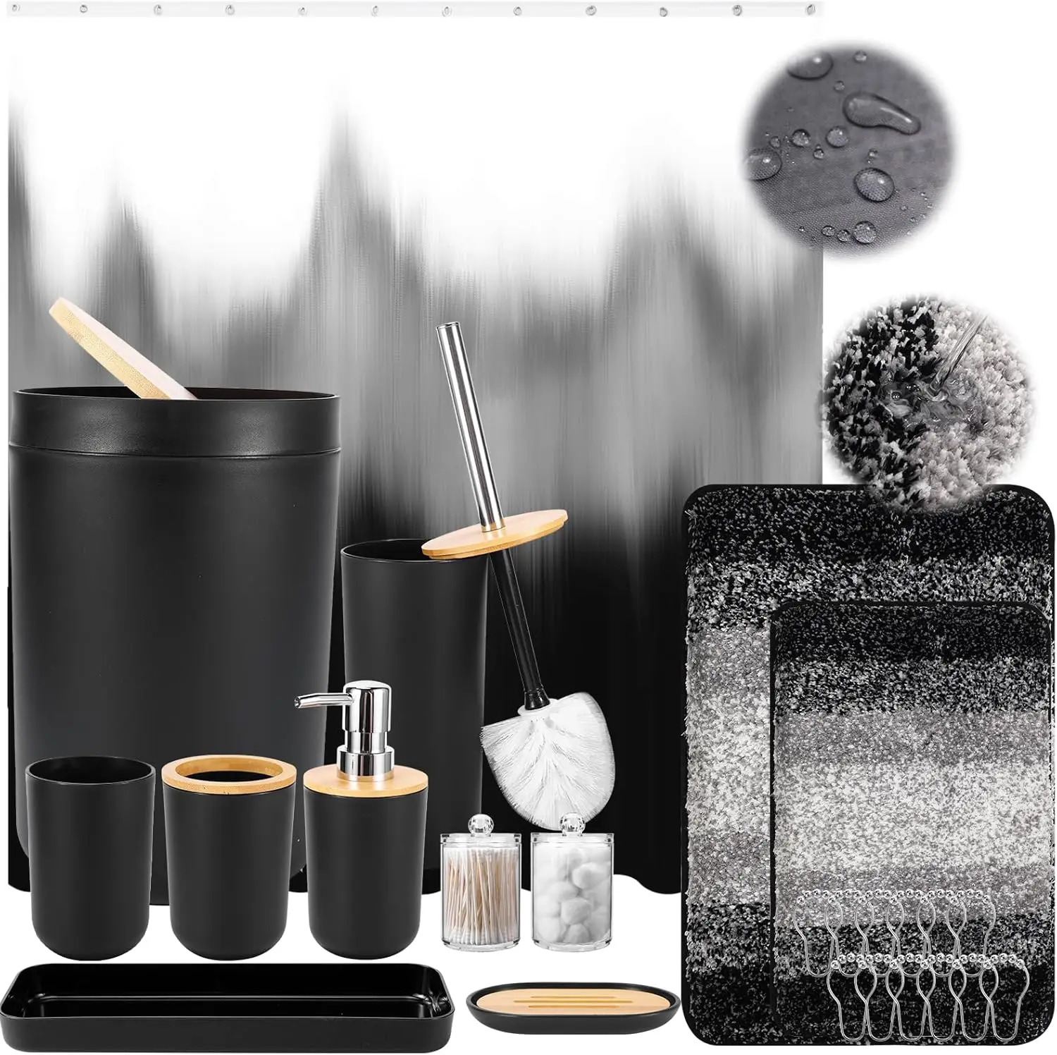 

Bathroom Accessories Black Bathroom Sets with Shower Curtain and Rug, Black Waterproof Shower Curtain