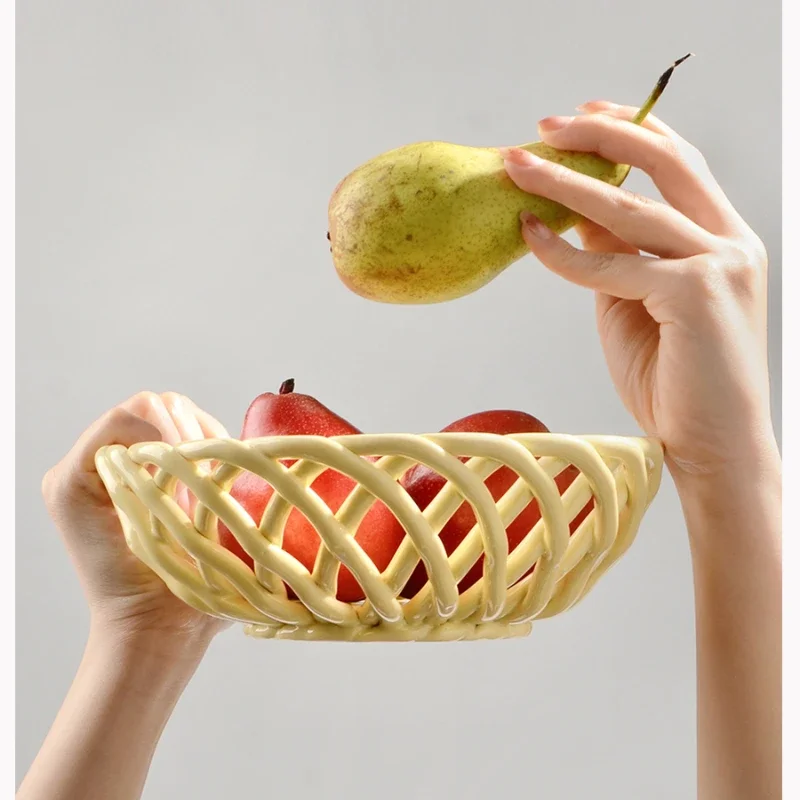 Ceramic Weave Basket Bowl Vegetables Holder Stoneware Woven Fruit Plate Ceramic Berry Basket Snack Basket for Home Hotel