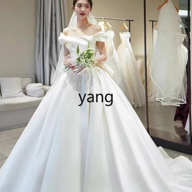 

LMM Shoulder Main Wedding Dress Bride Small Long Trailing French Satin Wedding Dress