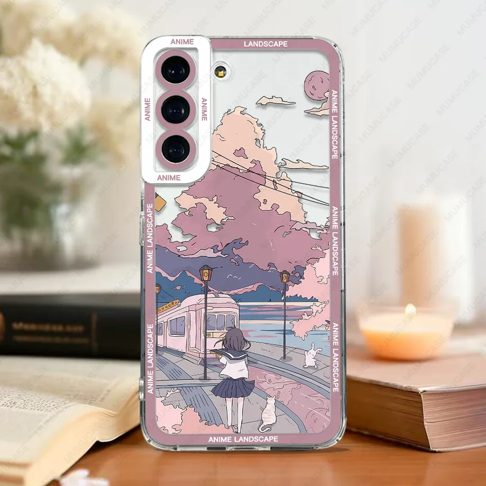 Case For Samsung Galaxy S24 S20 S21 FE S22 Plus S23 Ultra A22 A54 5G Soft Cover Anime Landscape Cloud Whale