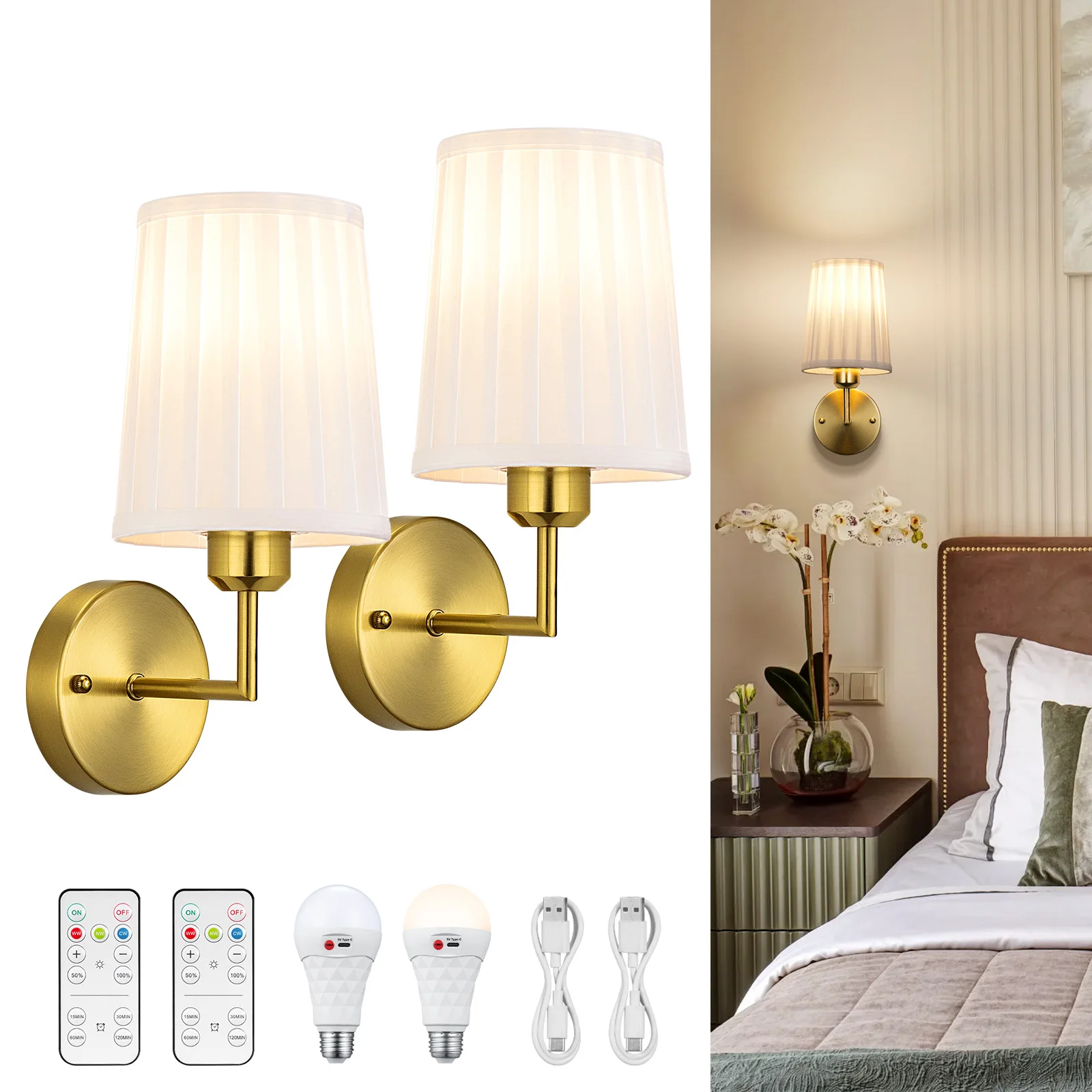 

Pleated Fabric Rechargeable Wall Sconce Decor Set of 2 Wireless Wall Lights Wireless Battery Powered Sconces Dimmable Bedroom
