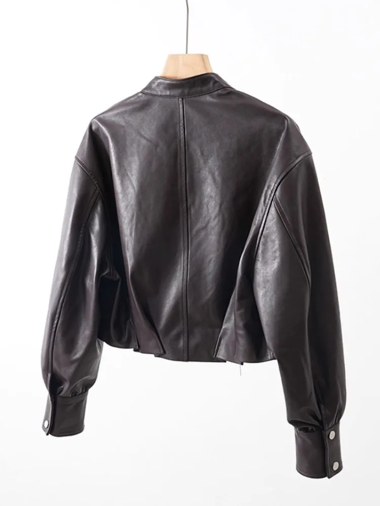 高品質天然シープスキン女性ショートコートスタンドカラー春秋の新ストリートパンクオートバイ本革ジャケット