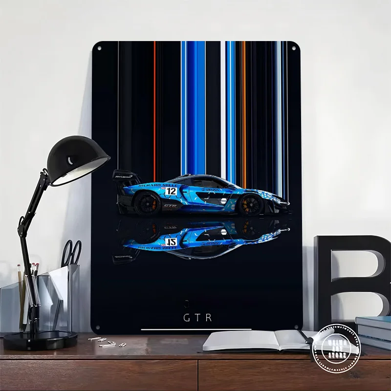 Sports Car Senna GTR Car Printed Poster Customized Wall Art Retro Vintage Metal Tin Signs for Garage Gaming Room Decoration Cozy