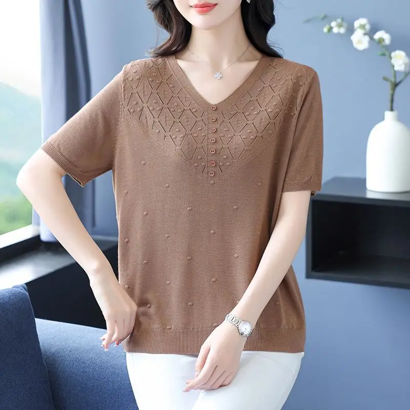 Short-sleeved Top Summer Knitwear New Hollow Ice Silk Fashionable Half-sleeve Loose Thin Style