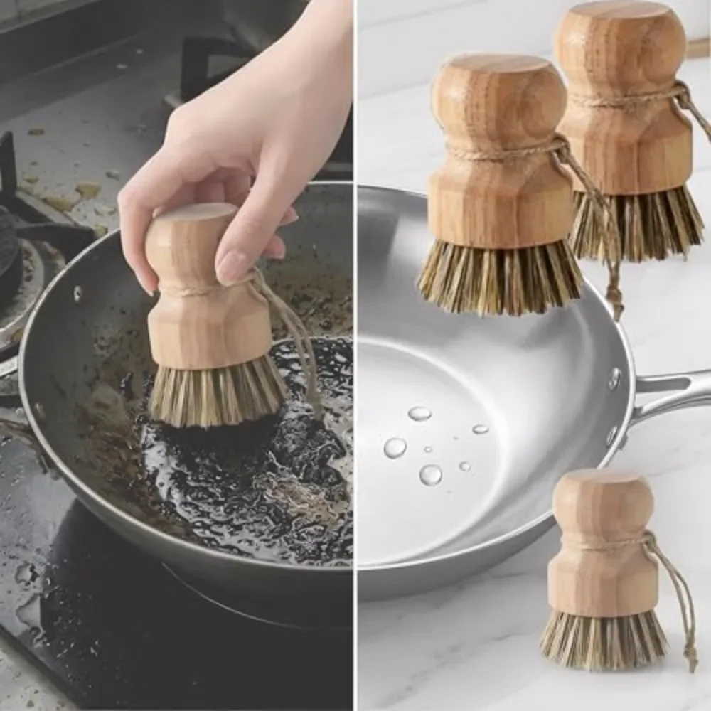 3 Pack Bamboo Dish Scrubber Brush with Sisal Bristle Natural Kitchen Cleaning Tool for Dishes Pots Pans Bottles Vegetables