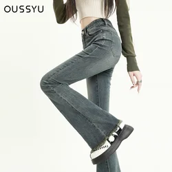 OUSSYU-Jeans de algodão feminino, calça jeans azul vintage, streetwear, cintura alta elástica, calças harajuku finas, verão