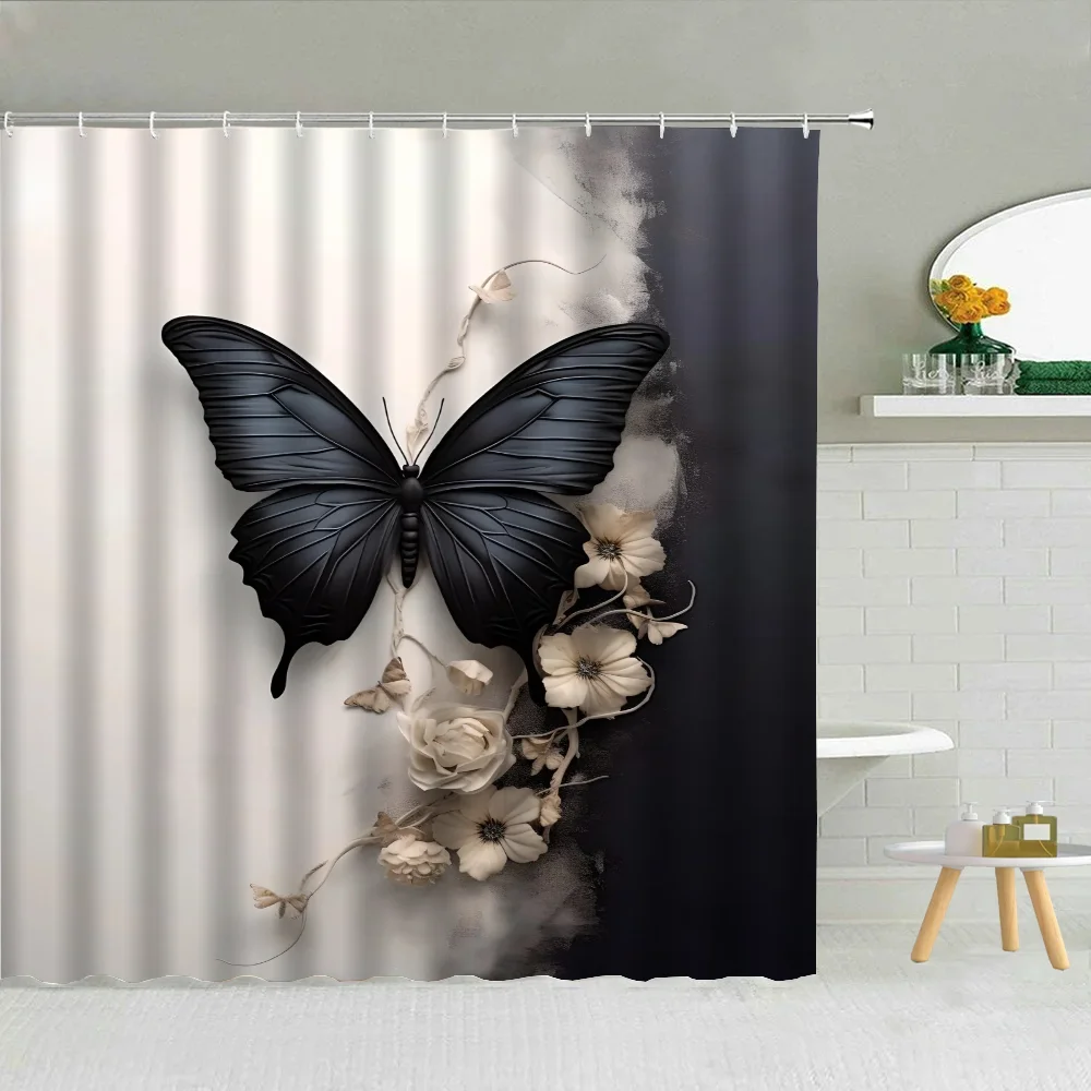 Butterfly Illustration Bathroom Shower Curtain Waterproof Curtains for Houses Rooms Folding Partition Accessories Bath Bedrooms