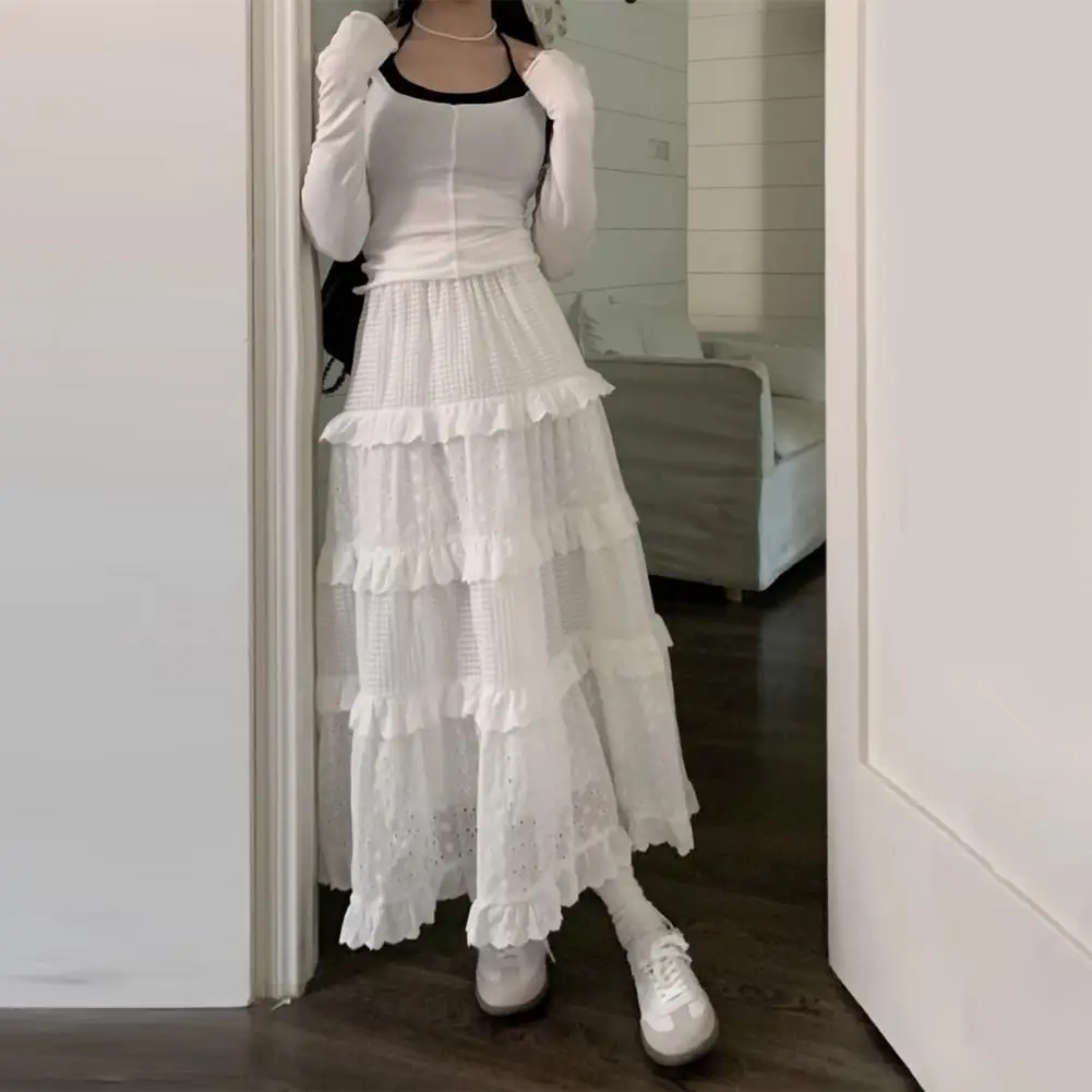Women Maxi Skirt Elastic High Waist A-Line Solid Color Hollow Crochet Flower Pattern Ruffle Stitching Cake Skirt