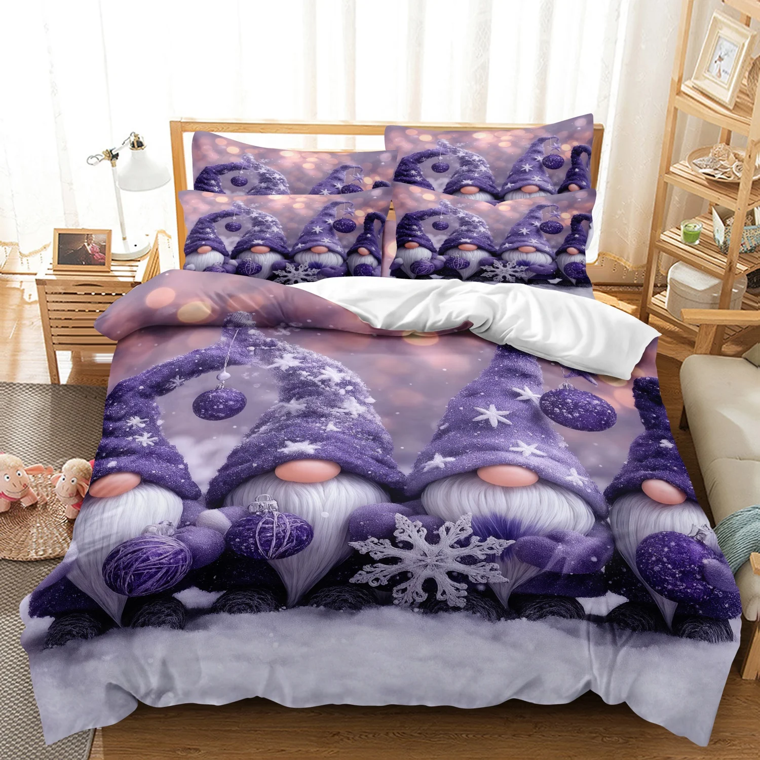  3Pcs Purple Snowy Gnome Tomte Nisse Print Duvet Cover Bedding Set, Winter Snow Gnomes With Knitting Yarn Balls Print Bedding