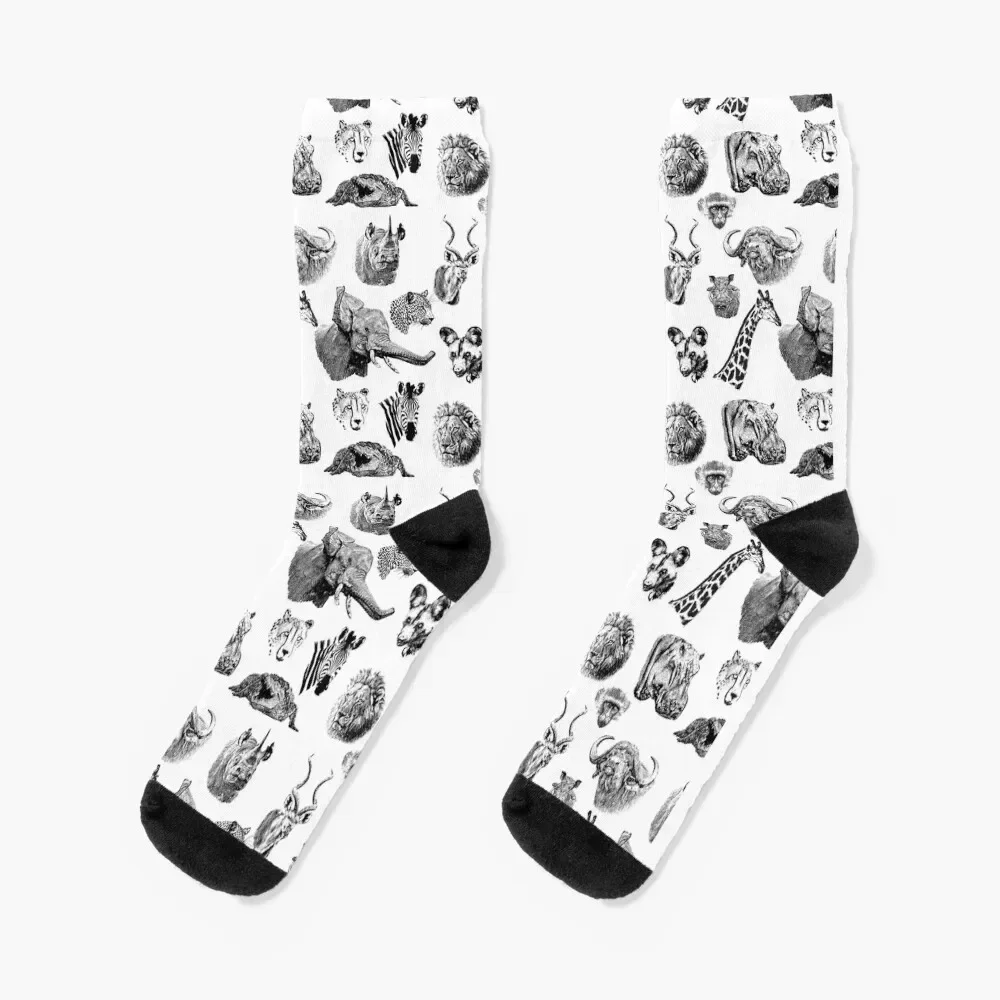 

African Wildlife in Black and White Pattern Design Socks floor Sports basketball christmas gift Men Socks Women's