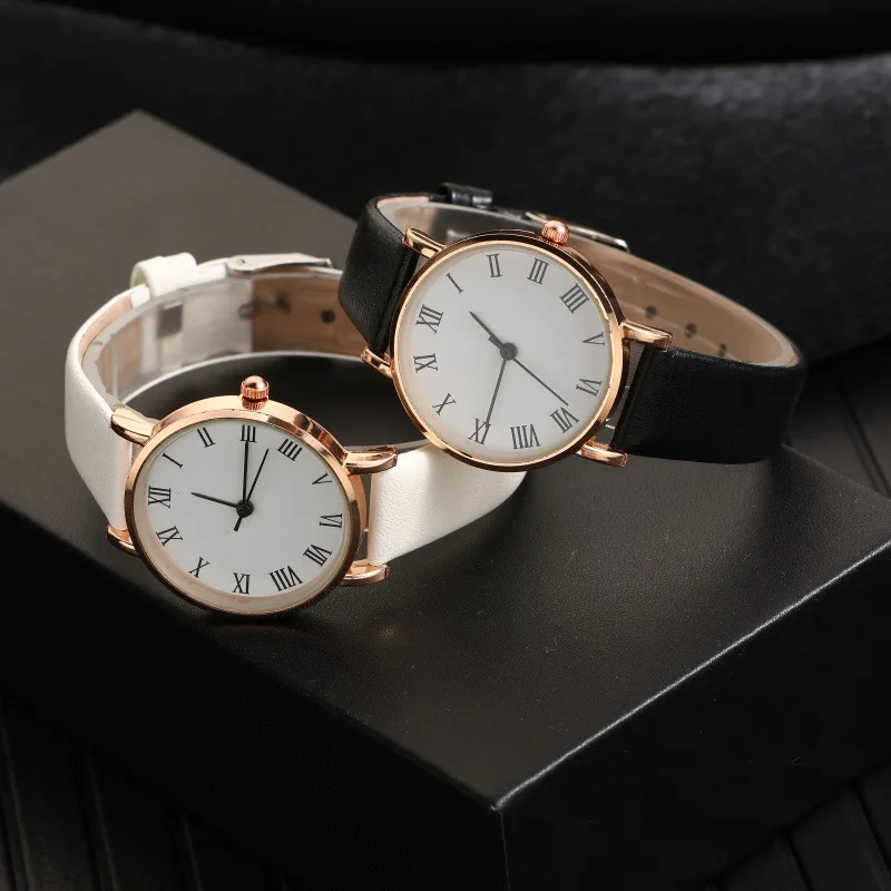 ساعة كوارتز تناظرية من الجلد الصناعي للنساء ، قرص بسيط ولامع ، للسيدات ، أزياء ، فاخرة ، طقم 2
