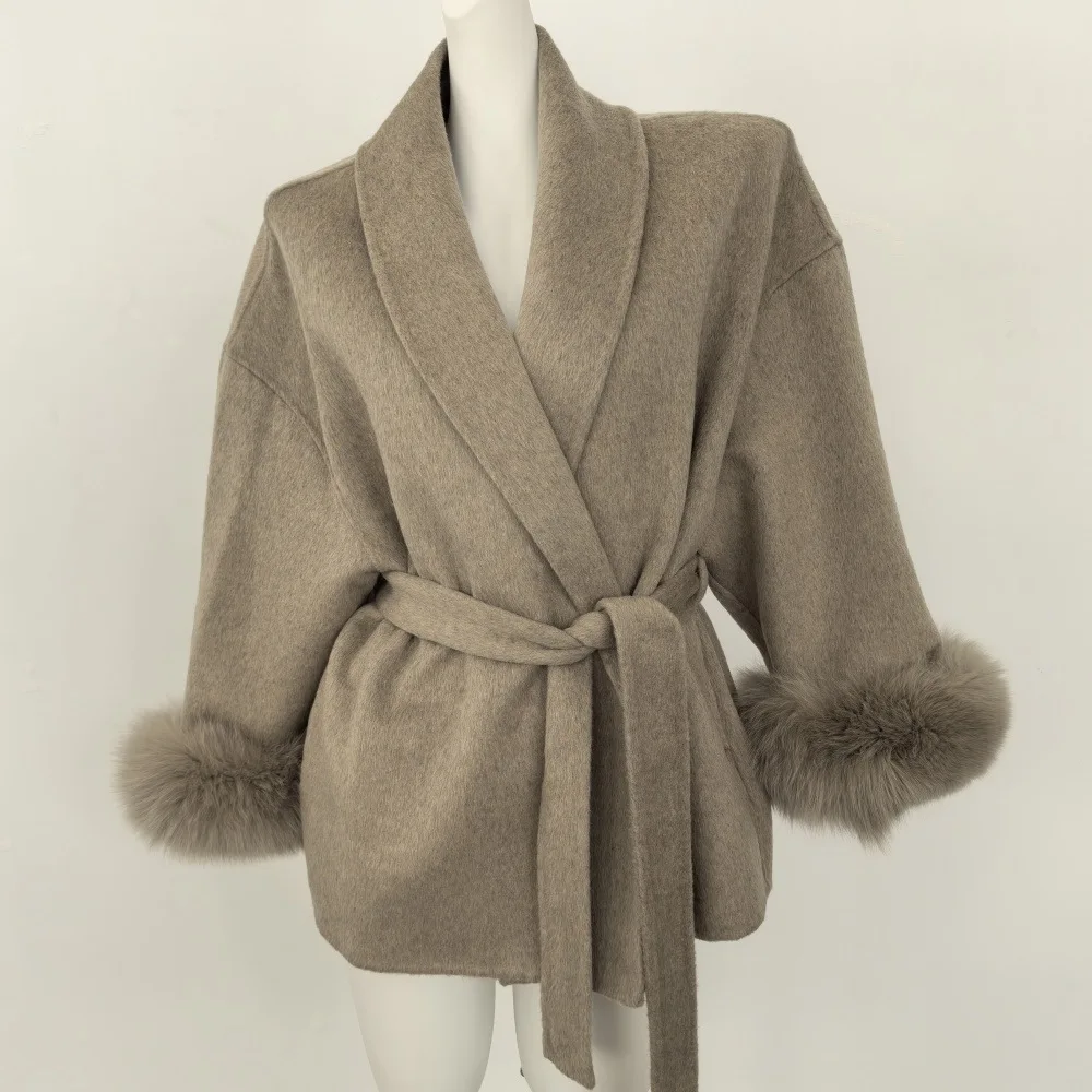 

Women's Fashionable Belted Outerwear Elegant Commute Style Spring Season Double-Faced Woolen Short Coat with Real Fox Fur Cuffs