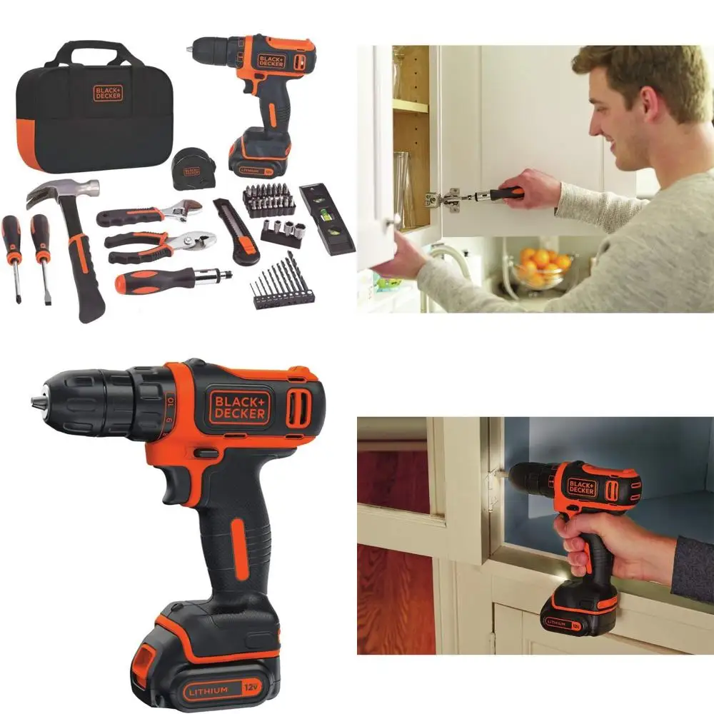 

12V MAX Lithium Ion Drill and Home Tool Kit with 60 Pieces by BLACK+DECKER, Comprehensive Set for Home Improvement Projects
