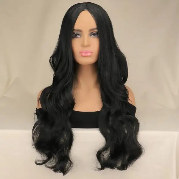 

Natural black medium length wavy wig heat-resistant synthesis