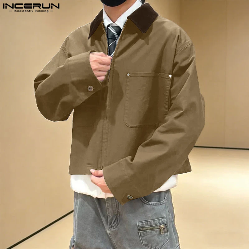 

Мужские куртки INCERUN: модные повседневные пальто с лацканами, длинными рукавами, молнией и карманами, уличный стиль, коллекция 2026, размеры S-5XL