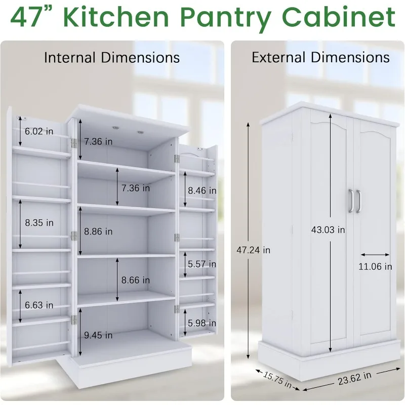 47” Kitchen Pantry Cabinet, White Freestanding Buffet Cupboards Sideboard with Doors & Adjustable Shelves