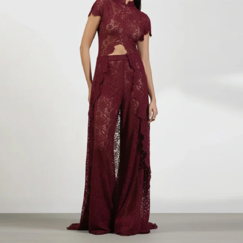 Trendy Y2k Lace Cutout Two-piece Outfit Chic High Neck Short Sleeve Crop Top Cozy Wide Leg Pants 2026 New Casual Women\'s Clothes