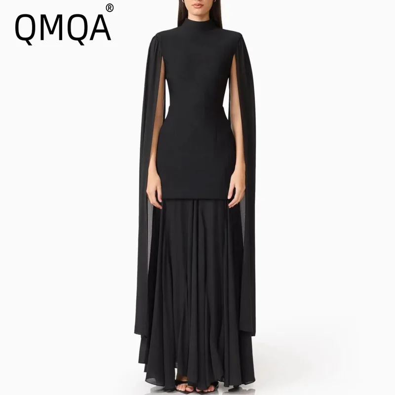 QMQA Fashion Women's Elegant Evening Dresses Half-high-neck Mesh Patchwork Cape Sleeve Slim Fit Solid-color Dress 2027 New M1419