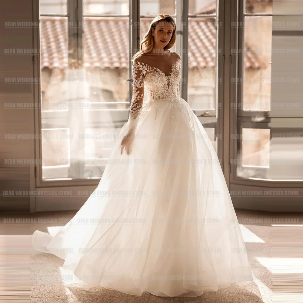 Lussuosi abiti da sposa A Line per donna abito da sposa formale semplice Appliques di Tulle di pizzo Sexy abiti da ballo A maniche lunghe A cuore