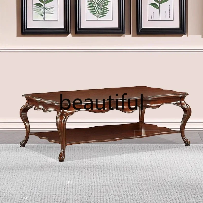 07A Mahogany, coffee table, solid wood carving flower coffee table villa living room rectangular coffee table