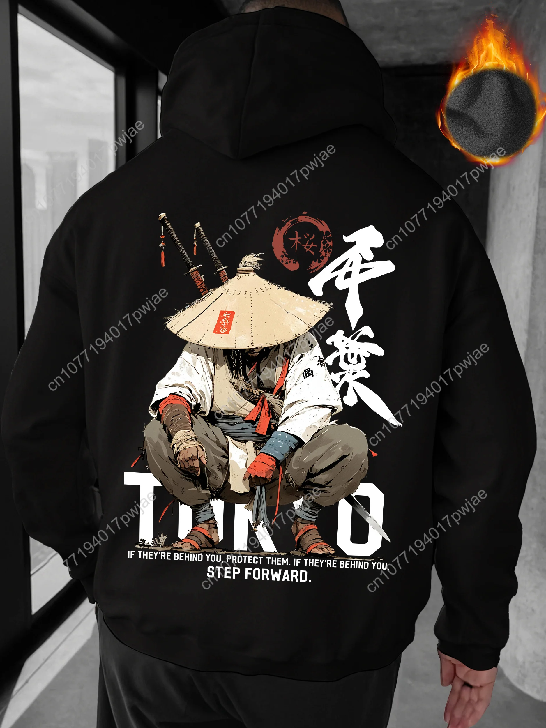 Мужская толстовка с капюшоном японского аниме-самурая — одностороннее струящееся кимоно с принтом самурая-воина с надписью кандзи, Loo