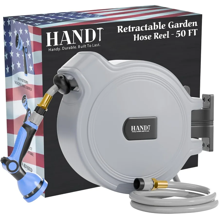 Enrouleur de tuyau d'arrosage rétractable basé sur les États-Unis, 1, 2 po x 50 pieds, connexion rapide, pulvérisateur à 10 motifs pour l'irrigation extérieure dans le mur