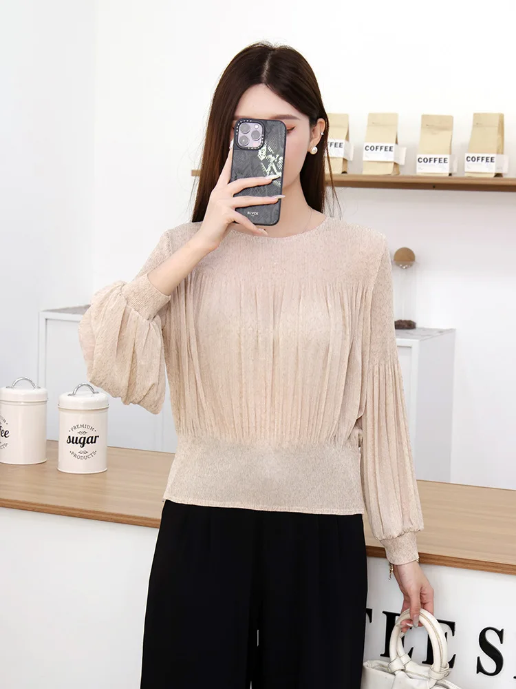 Miyake plissado camiseta outono 2025 novo elegante simples cor sólida plissado camiseta solta plus size cem topos de manga comprida