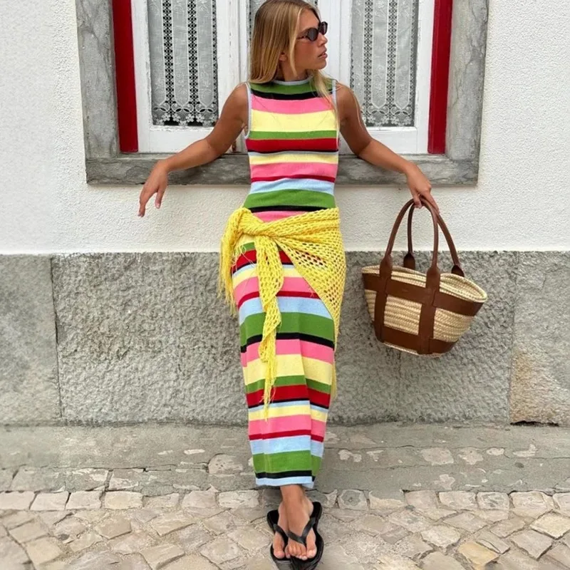 

Talenza Fashion Knit Dress Summer Sleeveless Colourful Striped Contrast Casual Dress Vintage High Waist Y2k Women Resort Dresses