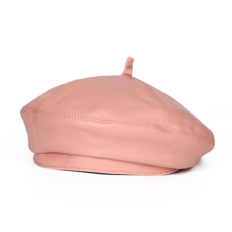 2023 Spring Fashion Lambskin Women Winter British Genuine Leather Painter Hat Female Retro Korean Octagonal Bonnet Pink/Blue Ber