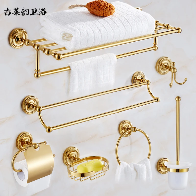 European Style Bathroom Shelf Golden Towel Rack Full Brass Hardware Pendant Coat Hook and Toilet Brush Holder Estante Para Baño