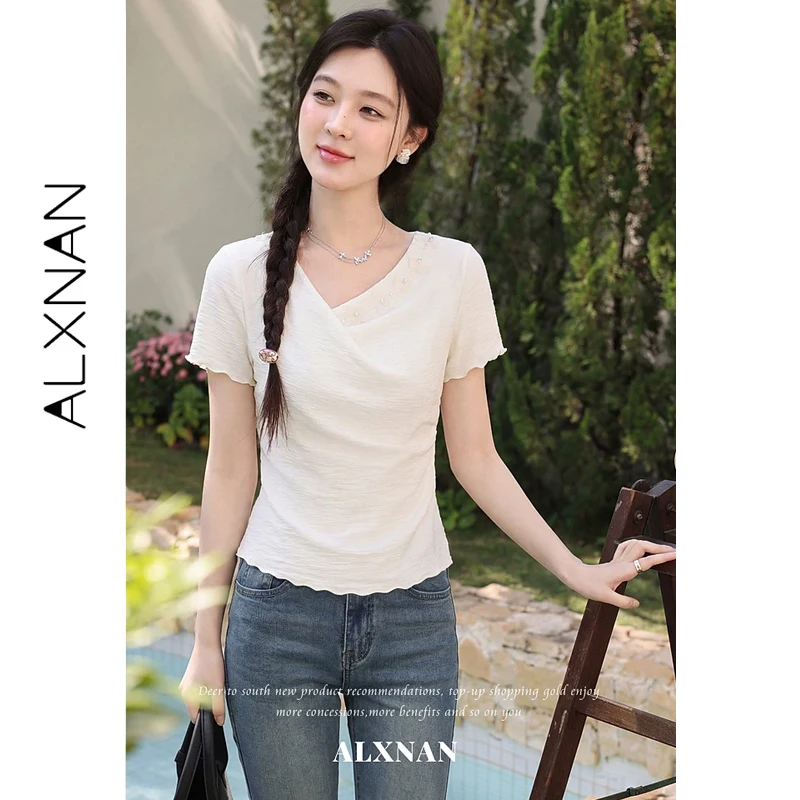 ALXNAN Plus Size Women T-shirt Elegant Cowl Neck Pearl Flower Decor Short Sleeve T-shirts Wave Edge Slim-fit Tops Ladies D63963A