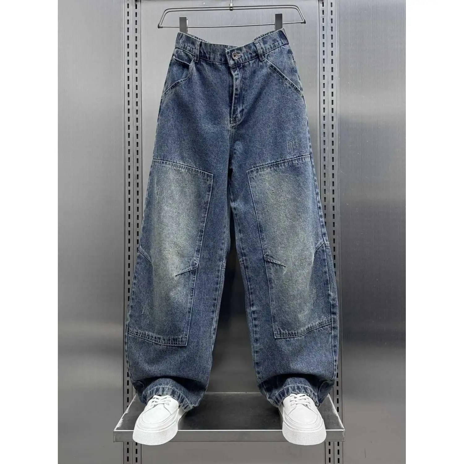 Korean Popular Clothes Brand Splicing Tooling Washed Jeans 2026 Autumn New Loose High Street Handsome Straight Wide-leg Pants