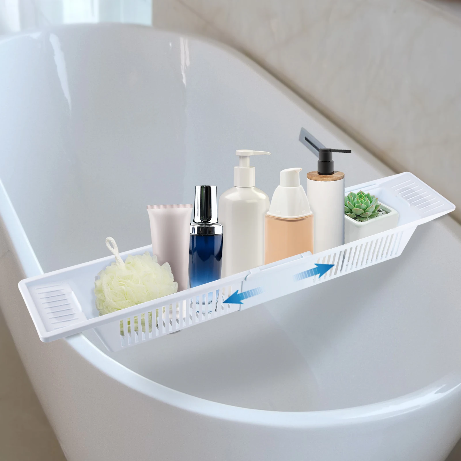 Ausziehbares Badregal aus Kunststoff, Badewannenablage, 22,4–31,5 Zoll verstellbar, multifunktionaler Badezimmer-Badewannenregal-Organizer