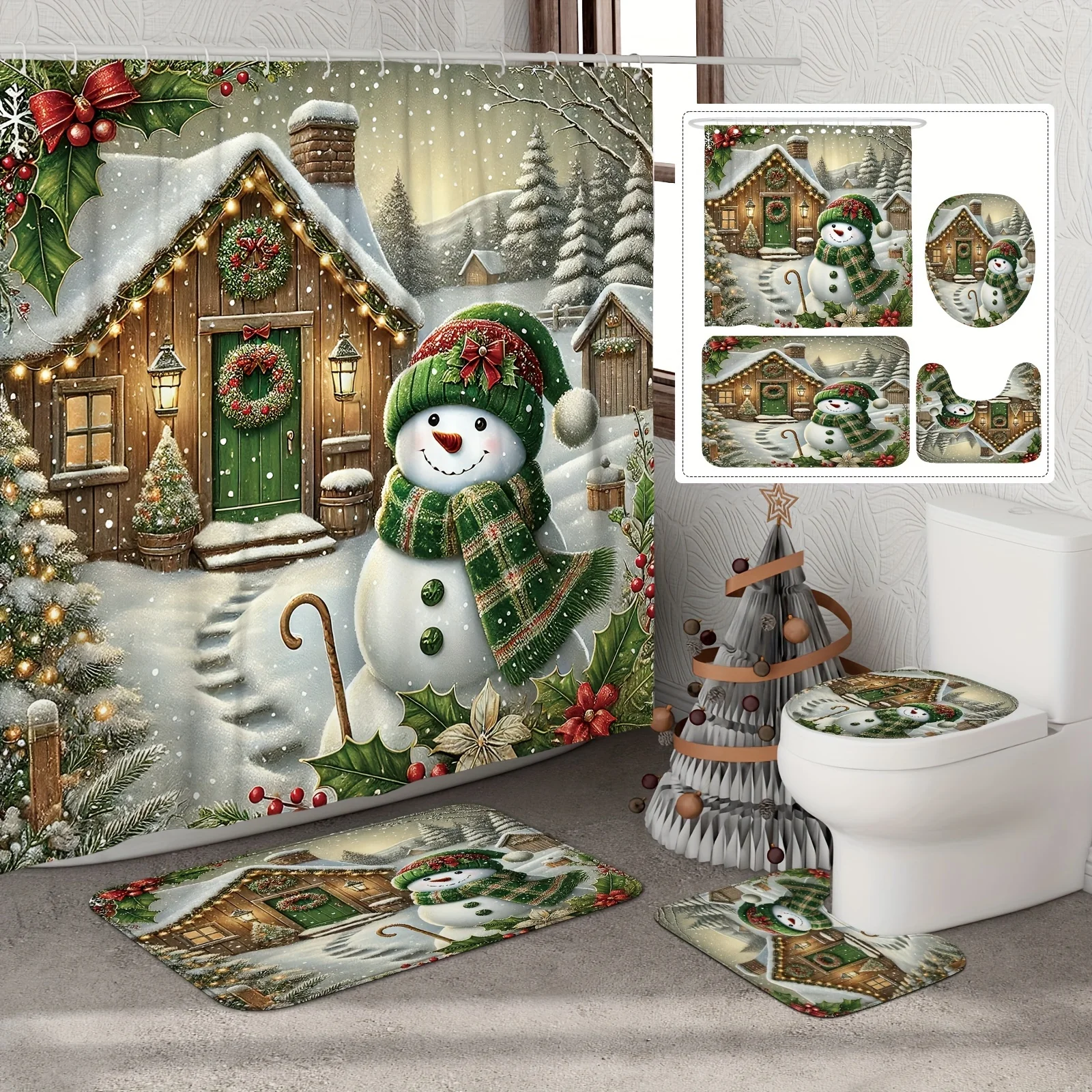 

4PCS Christmas Snowman Shower Set ,12 Hooks Non-Slip Mat U-Seat Cover Toilet Lid Cover Holiday Bathroom Decor