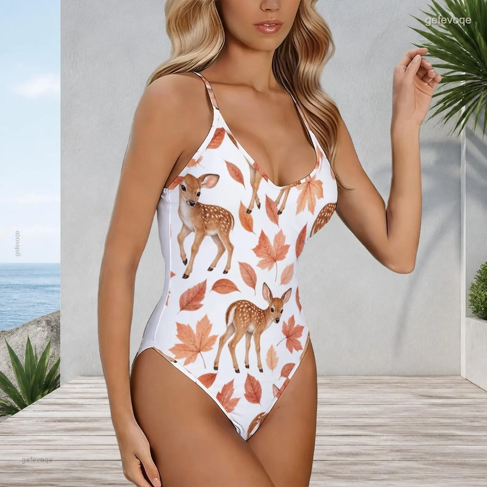Women V Neck Thin Straps Sleeveless One Piece Swimsuit, Printed Spotted Fawn and Maple Leaf