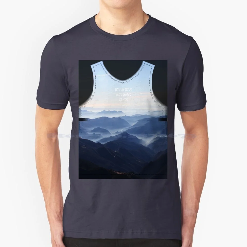 Wandering T Shirt 100% Cotton Tee Tolkien Wandering Traveling Discovery World Clouds Mountains Hills Sky