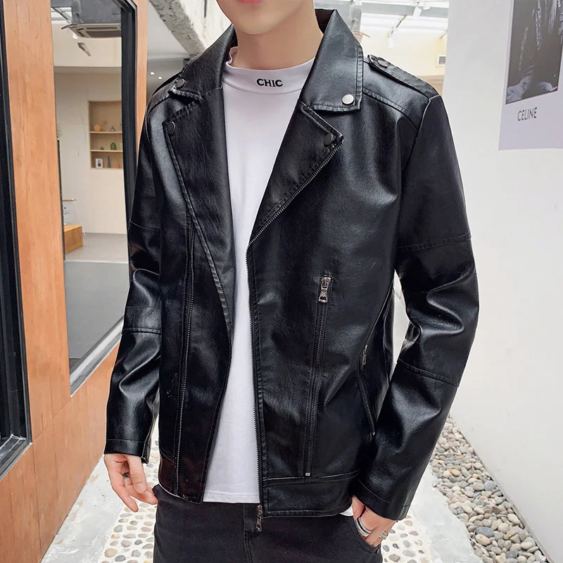 

Black Motorcycle PU Leather Jacket Male Korean Fashion Vintage Outerwear Men 2022 Autumn Winter New Turndown Collar Casual Coat