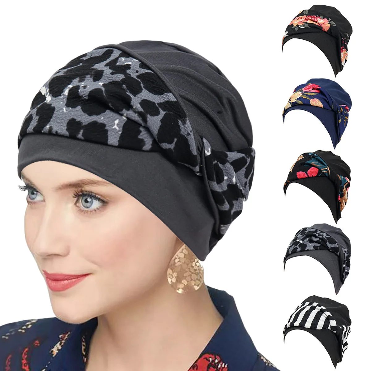 

Muslim Women Strech Turban Hat Print Hijabs Head Wrap Indian Bonnet Chemo Cap Hair Loss Cover Head Scarf