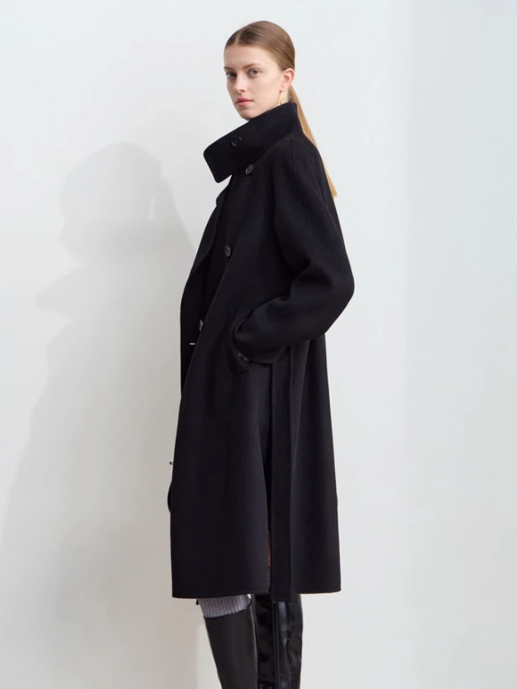 Amii Damenmantel 2025, Winter, neuer lockerer Pendler-Stehkragen mit Gürtel, Wollkleidung für Damen, doppelseitiger Tweed-Mantel 12444220