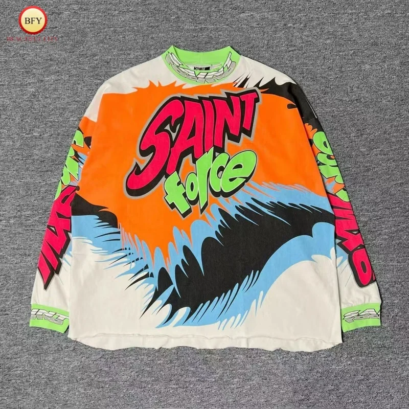 

SAINT TEE 25SS модный новый гоночный костюм с цветными блоками винтажная мужская и женская футболка большого размера с длинными рукавами
