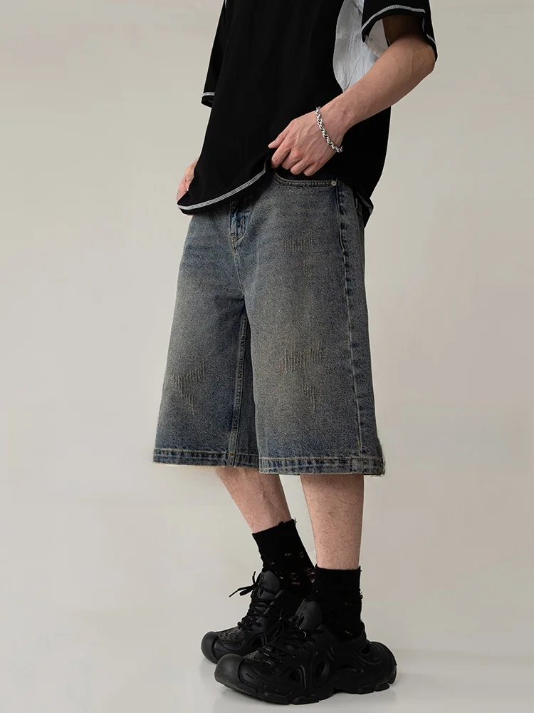 

Свободные прямые мужские джинсы длиной 7/8, повседневные американские винтажные летние джинсовые джинсы со средней талией и застежкой-молнией из смеси хлопка