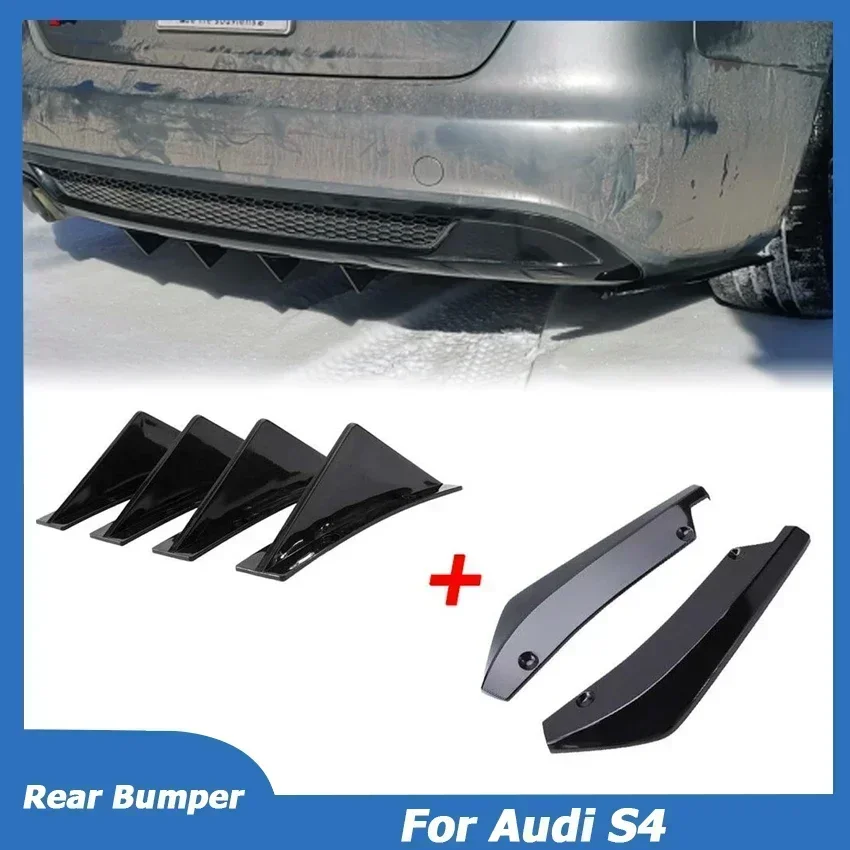 For Audi A3 A4 A7 A8 B7 B8 RS6 RS7 S3 S4 TT Sedan Rear Bumper Splitter Cover + Diffuser Shark Fin Sticker Car Accessories