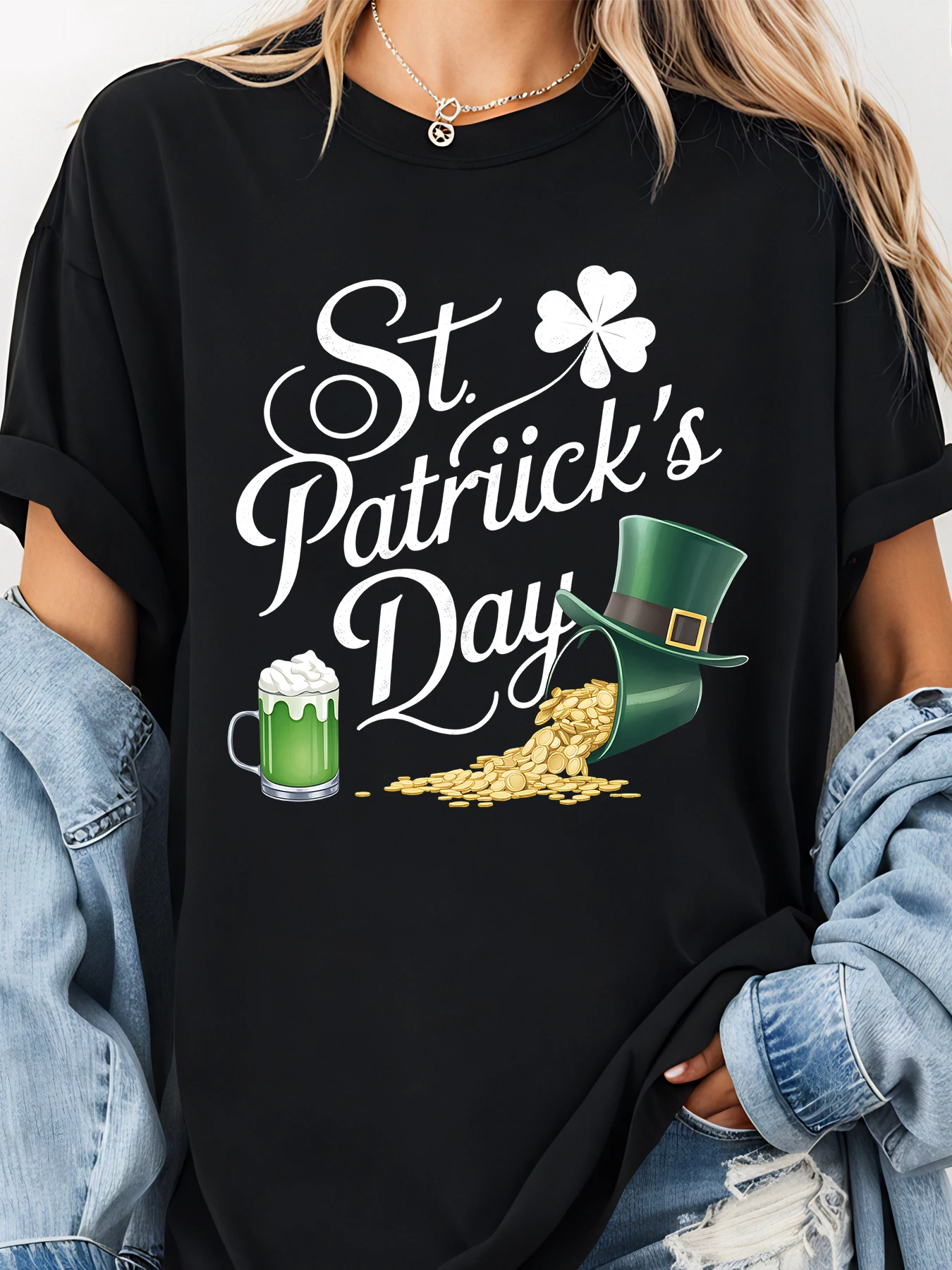 St Patrick's Day print shirt met klaver bier en gouden hoed ontwerp voor dames vrijetijdskleding