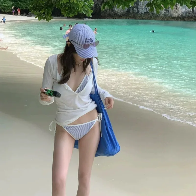 

Полосатый купальник-бикини женский, комплект из двух предметов для горячих источников, сексуальный белый топ и раздельный низ, с возможностью носить как самостоятельную вещь