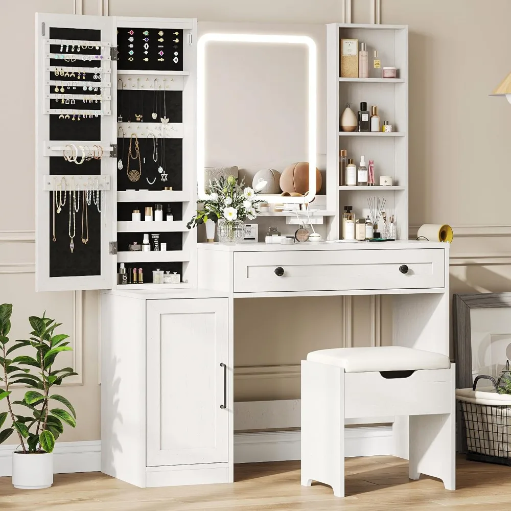 

Jewelry Storage Cabinet , Chair and Large Drawer, Cabinets and Multi-Shelf, Charging Station, 3 Color Lighting Vanity Desk