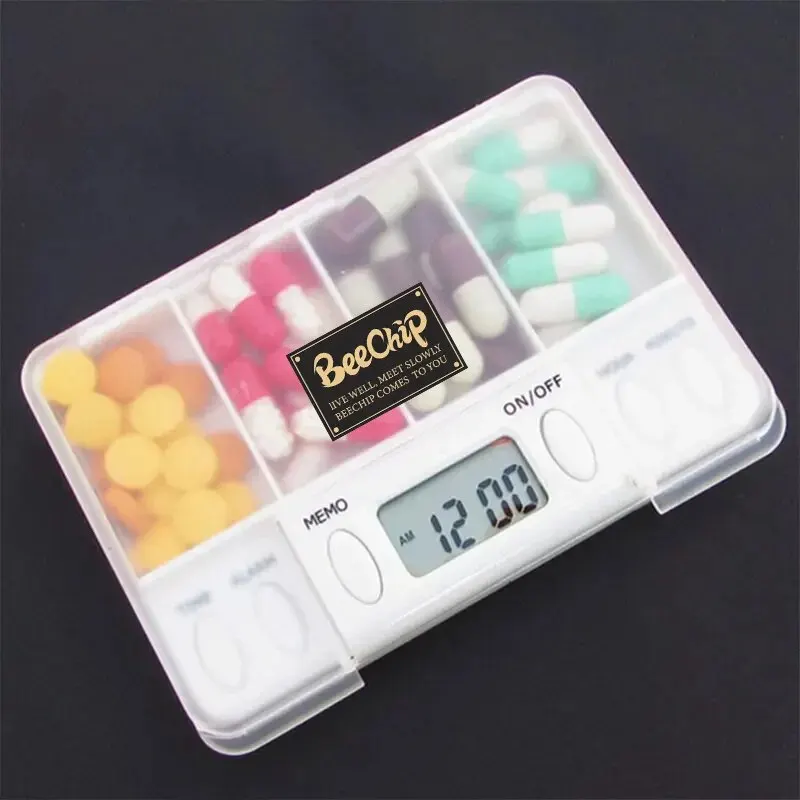 4-Compartment Pill Box Electronic Timing Reminder Portable Travel Pill Box Portable Sealed Pill Organizer Medicine Container